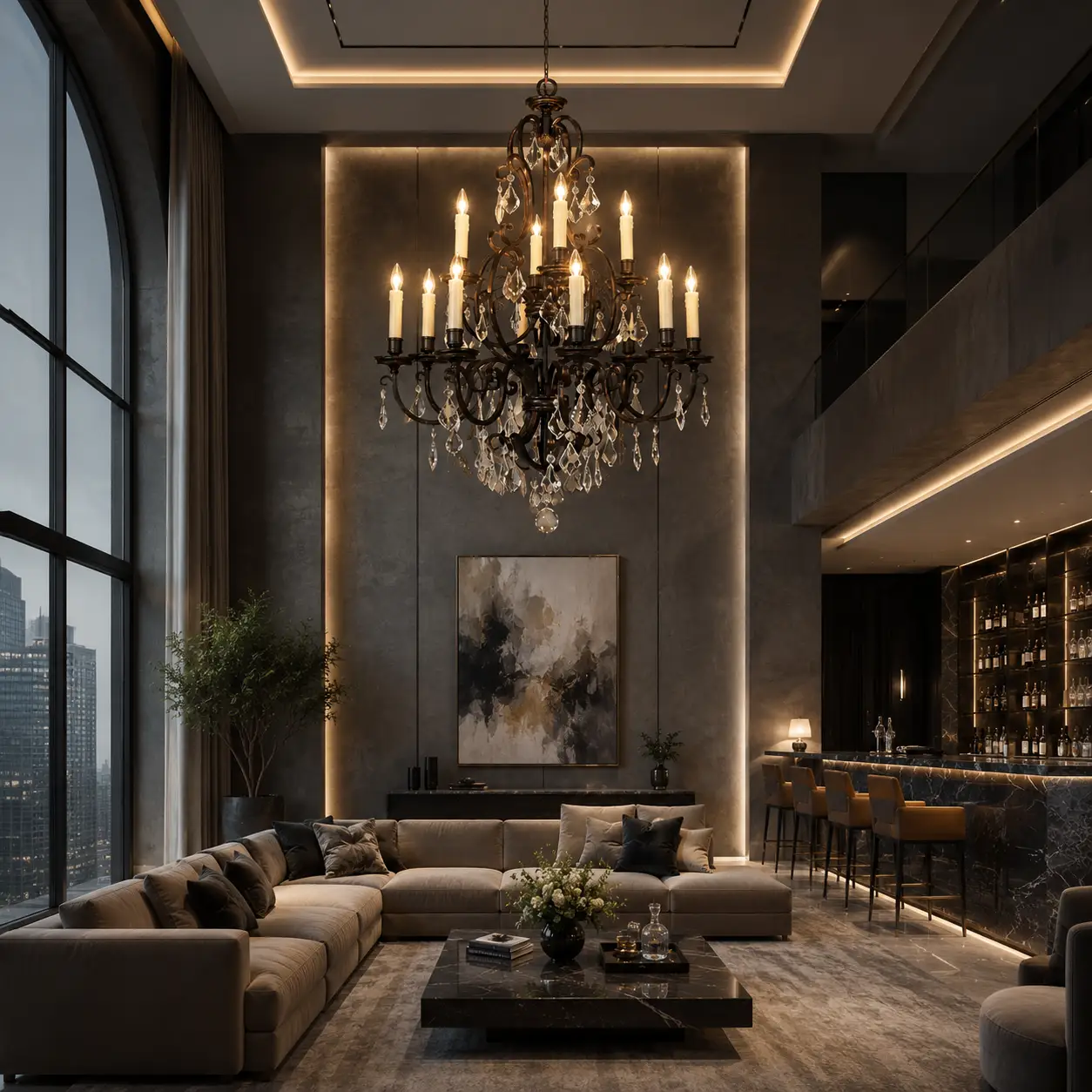 3D Render Suggestion: A modern luxury penthouse salon with dark gray micro-cement walls, minimalist marble bars, and warm linear concealed LED lighting. The Chateau Mystique chandelier is suspended in the center, proving to global distributors that its multi-tiered crystal configuration and detailed resin candle elements add a layer of luxurious texture without disrupting modern minimalist design principles.