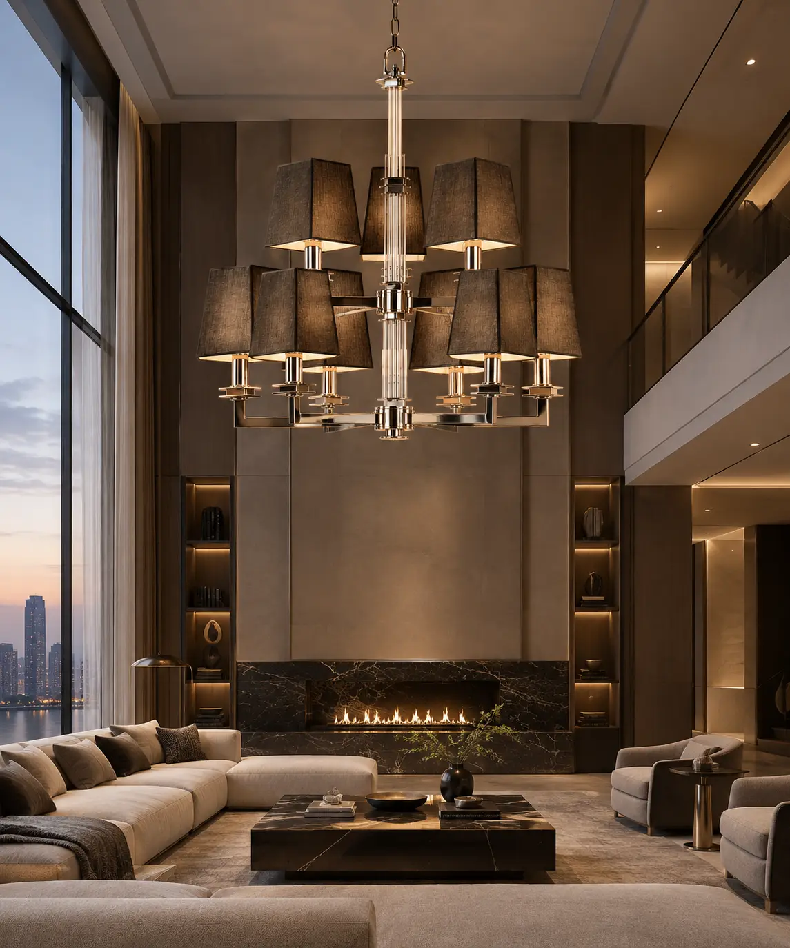 3D Rendering - Modern Luxury Living Room with Cascading Tiered Crystal Chandelier