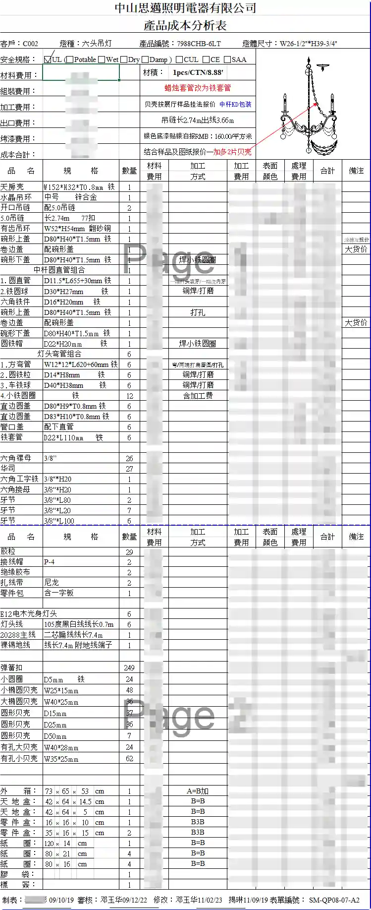 Smile Lighting Costing Detail Analysis sheet breakdown including raw materials, electroplating overheads, and certification auditing fees