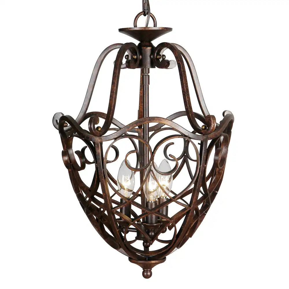 3-Light Antiqued Brass Basket Chandelier with Vertical Stem Design 3-Light Antiqued Brass Basket Chandelier with Vertical Stem Design