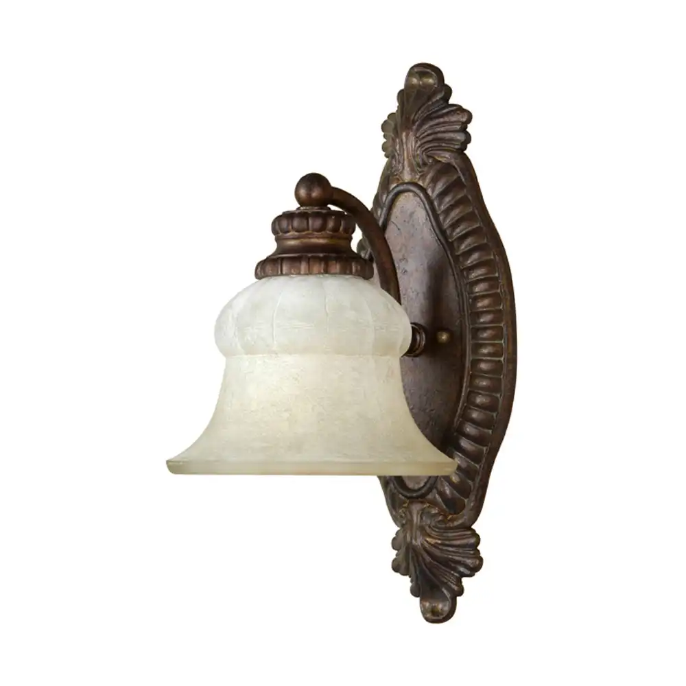 Baroque Bronze & Etched Alabaster Glass 1-Light Sconce Baroque Bronze & Etched Alabaster Glass 1-Light Sconce