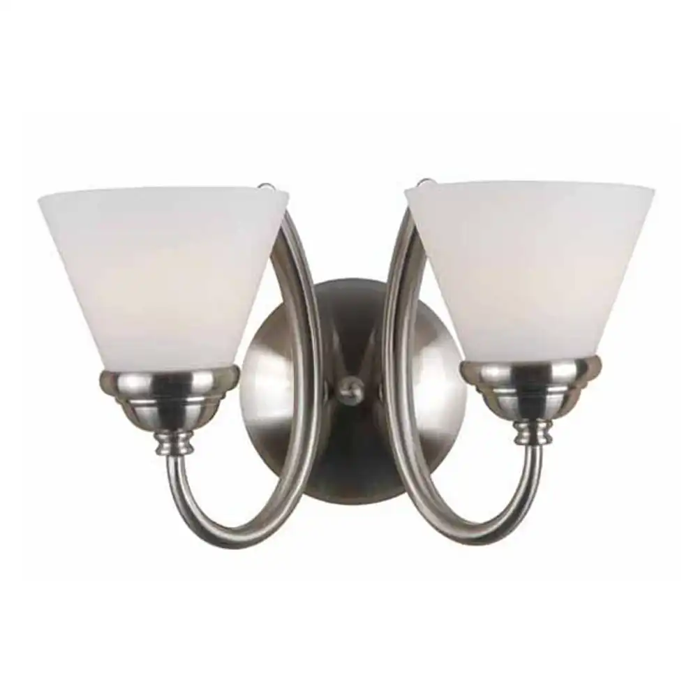 Contemporary Brushed Nickel & Opal Cone Glass 2-Light Vanity Light Contemporary Brushed Nickel & Opal Cone Glass 2-Light Vanity Light