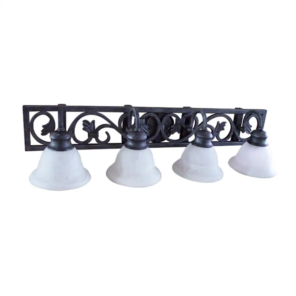 Grand Rustic Iron Scroll & Alabaster Glass 4-Light Vanity Light Grand Rustic Iron Scroll & Alabaster Glass 4-Light Vanity Light