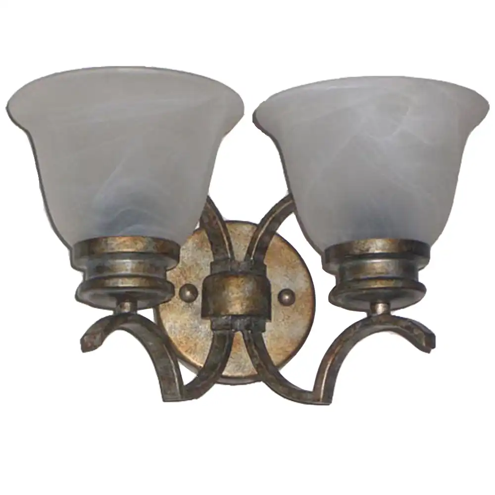 Rustic Gold Patina & Frosted Alabaster Glass 2-Light Vanity Sconce Rustic Gold Patina & Frosted Alabaster Glass 2-Light Vanity Sconce