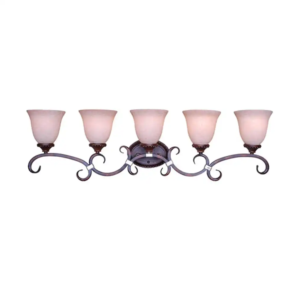 Rustic Scroll Forged Iron & Frosted Bell Glass 5-Light Grand Vanity Light Rustic Scroll Forged Iron & Frosted Bell Glass 5-Light Grand Vanity Light