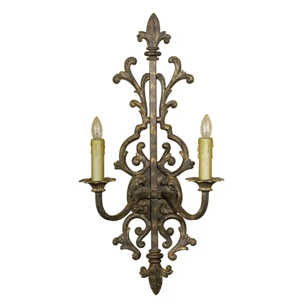 The Fleur-de-Lis Scroll Medieval Grande 2-Light Wall Sconce The Fleur-de-Lis Scroll Medieval Grande 2-Light Wall Sconce
