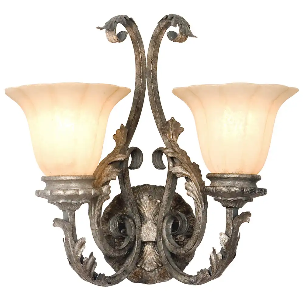 French Country Chateau 2-Light Wall Sconce with Distressed Silver Finish & Frosted Bell Glass French Country Chateau 2-Light Wall Sconce with Distressed Silver Finish & Frosted Bell Glass