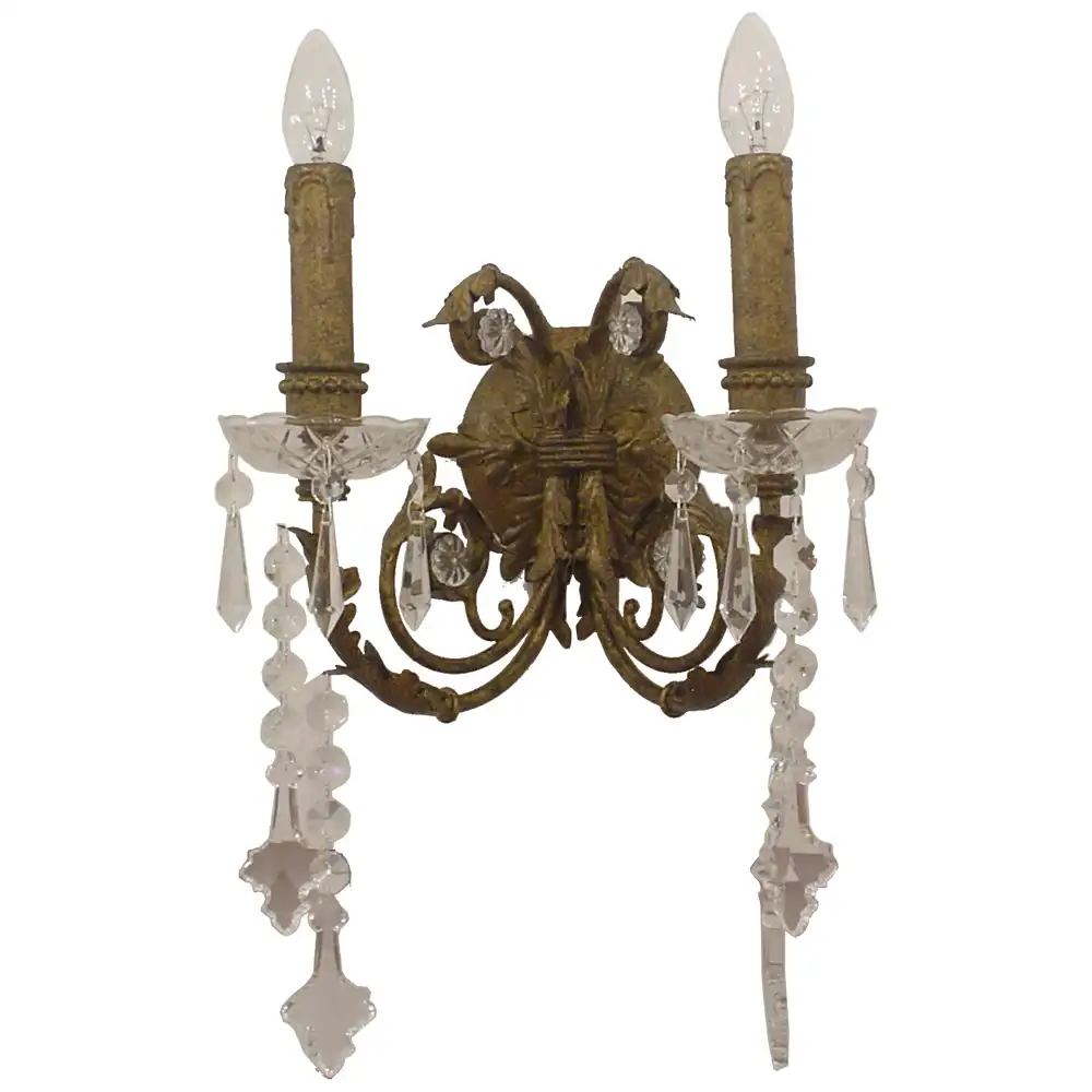 French Empire Gilded Crystal Draped 2-Light Candle Wall Sconce French Empire Gilded Crystal Draped 2-Light Candle Wall Sconce