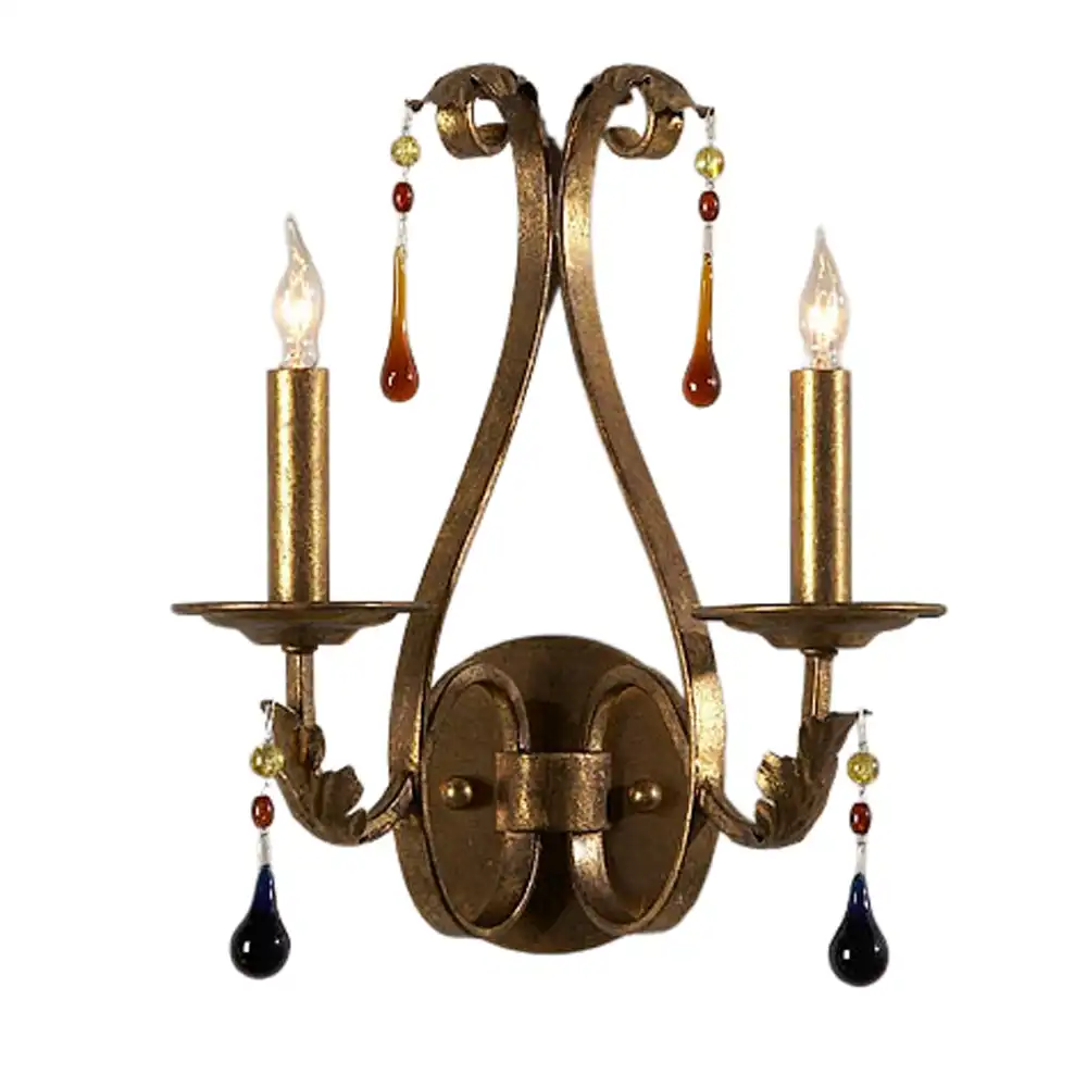 Mediterranean Gilded Gold & Jewel Tone Crystal 2-Light Wall Sconce 1 Mediterranean Gilded Gold & Jewel Tone Crystal 2-Light Wall Sconce 1