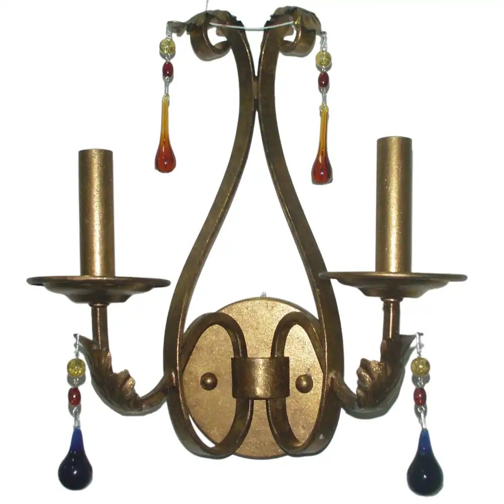 Mediterranean Gilded Gold & Jewel Tone Crystal 2-Light Wall Sconce 2 Mediterranean Gilded Gold & Jewel Tone Crystal 2-Light Wall Sconce 2