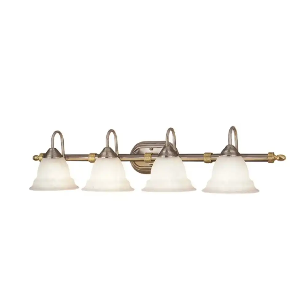 Transitional Brushed Nickel & Brass Accent 4-Light Vanity Light with Alabaster Glass Transitional Brushed Nickel & Brass Accent 4-Light Vanity Light with Alabaster Glass