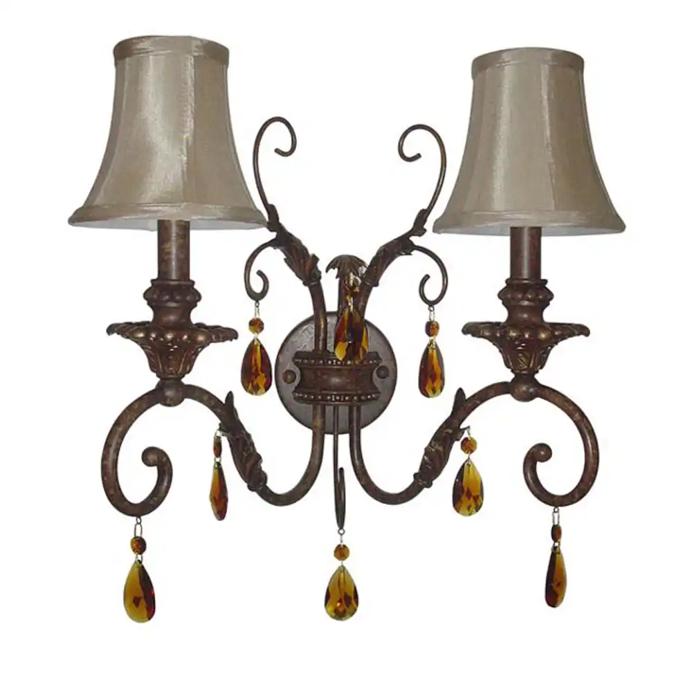 Tuscan Artisan Bronze & Amber Crystal 2-Light Wall Sconce with Fabric Shades Tuscan Artisan Bronze & Amber Crystal 2-Light Wall Sconce with Fabric Shades