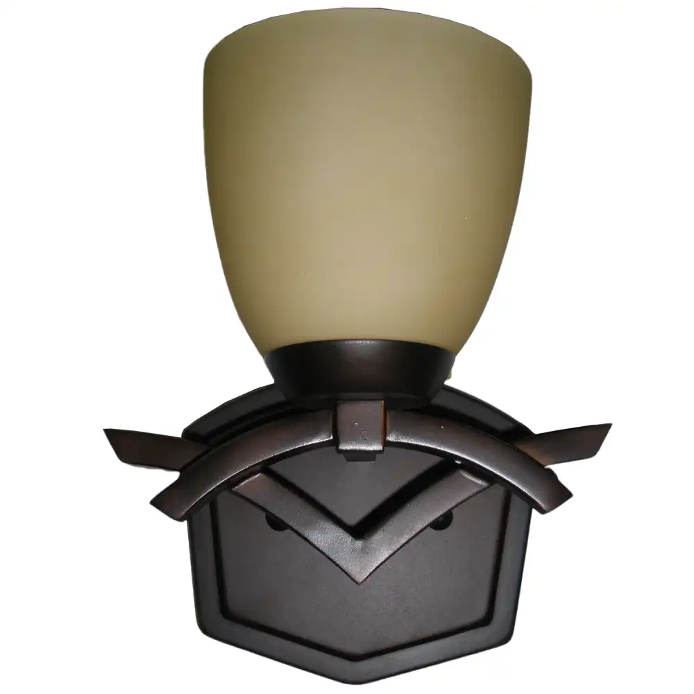 Art Deco Geometric Bronze 1-Light Wall Sconce with Amber Frosted Glass Art Deco Geometric Bronze 1-Light Wall Sconce with Amber Frosted Glass