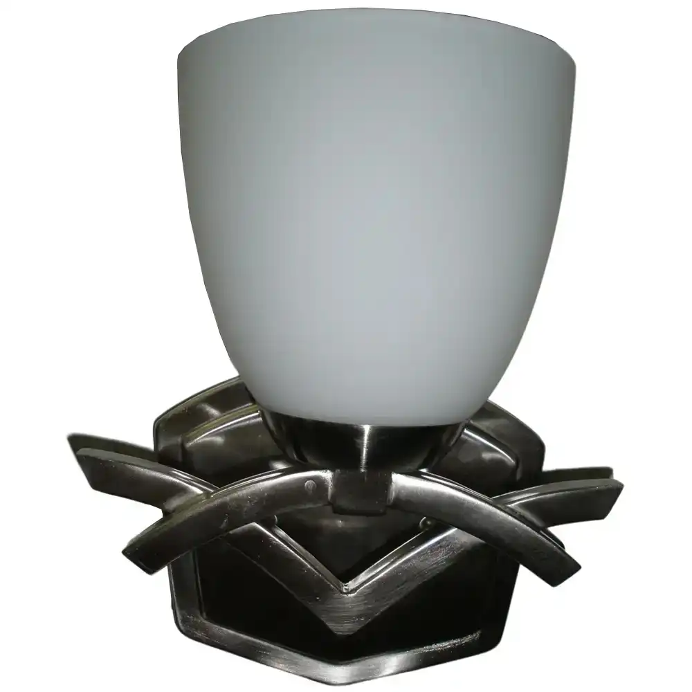 Art Deco Geometric Nickel 1-Light Wall Sconce with Frosted White Glass Art Deco Geometric Nickel 1-Light Wall Sconce with Frosted White Glass