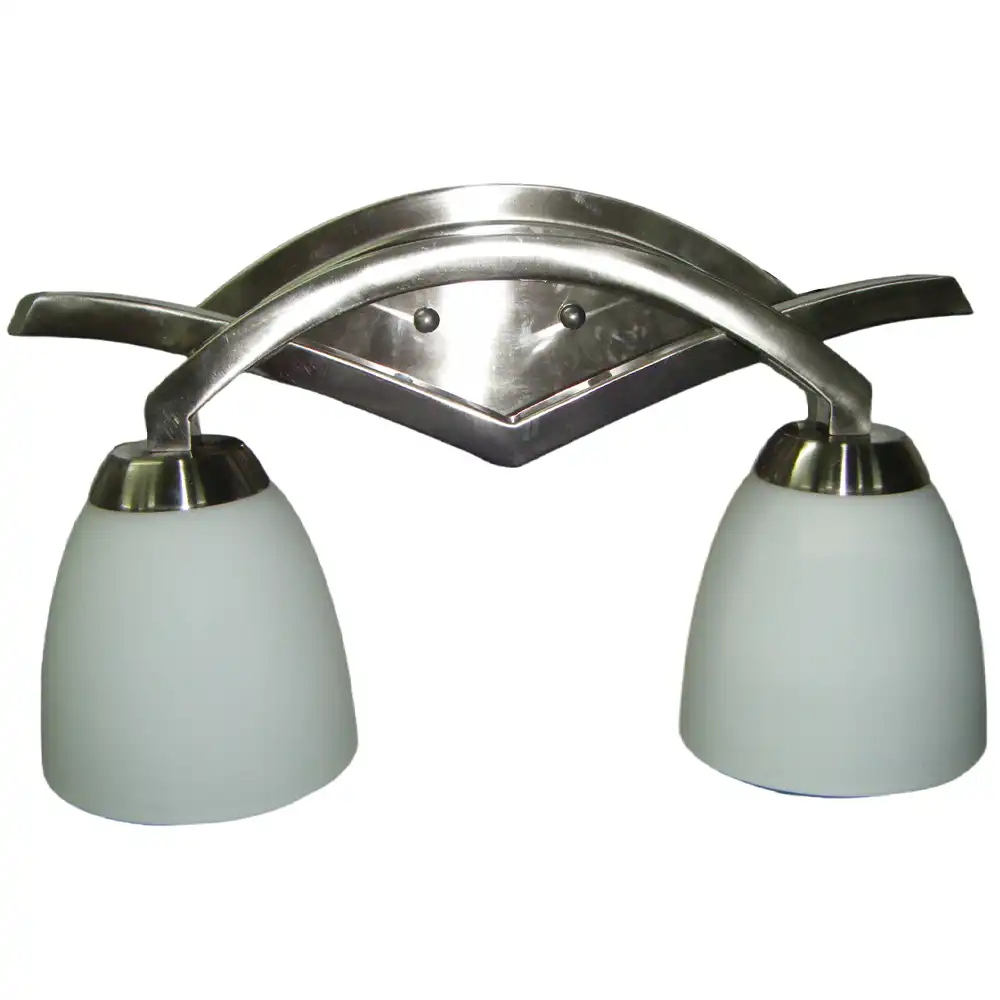 Art Deco Streamline Nickel 2-Light Vanity Sconce with Frosted White Glass Art Deco Streamline Nickel 2-Light Vanity Sconce with Frosted White Glass
