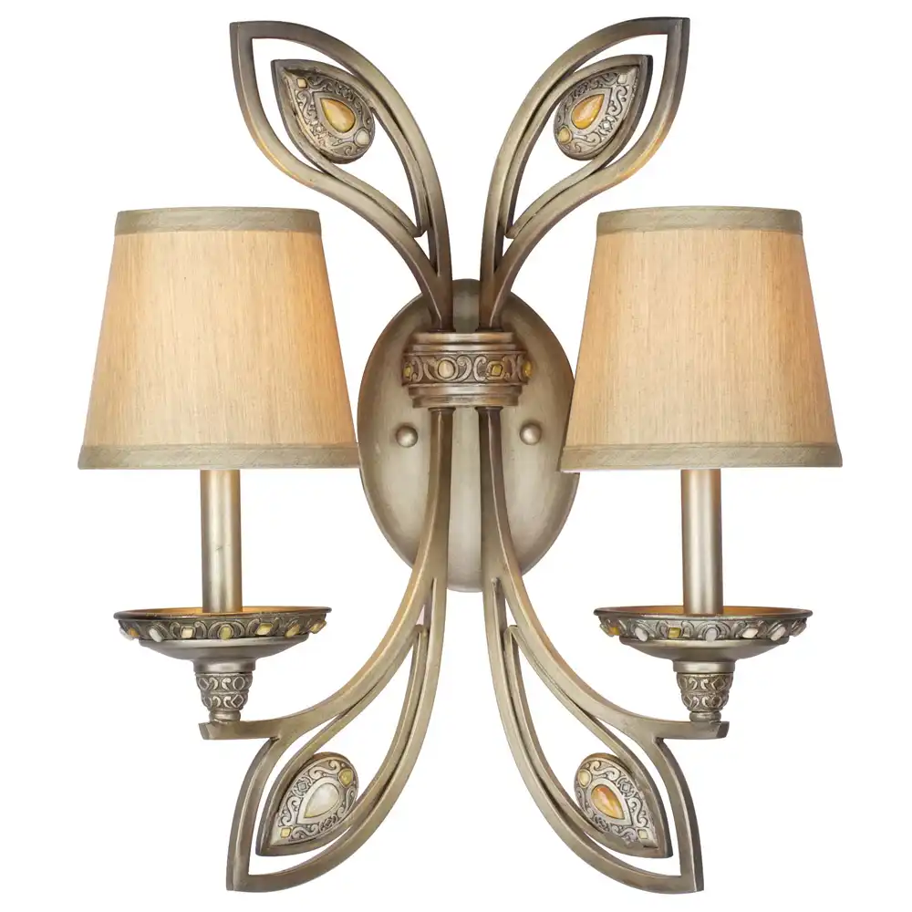 Art Nouveau Botanica Pearl White 2-Light Wall Sconce with Linen Shades and Jewel Accents Art Nouveau Botanica Pearl White 2-Light Wall Sconce with Linen Shades and Jewel Accents