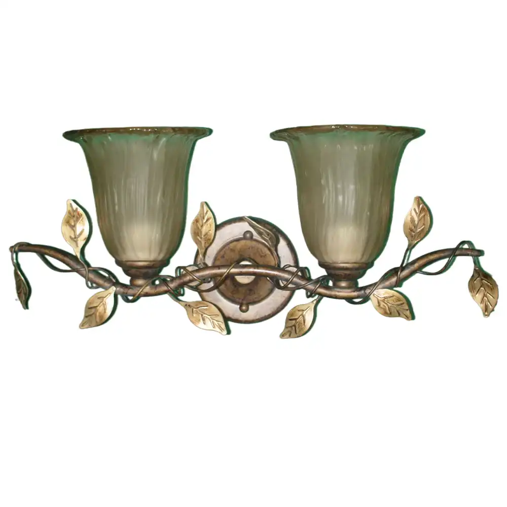 Forest Charm Bronze & Gold 2-Light Vanity Light with Ribbed Amber Glass Forest Charm Bronze & Gold 2-Light Vanity Light with Ribbed Amber Glass