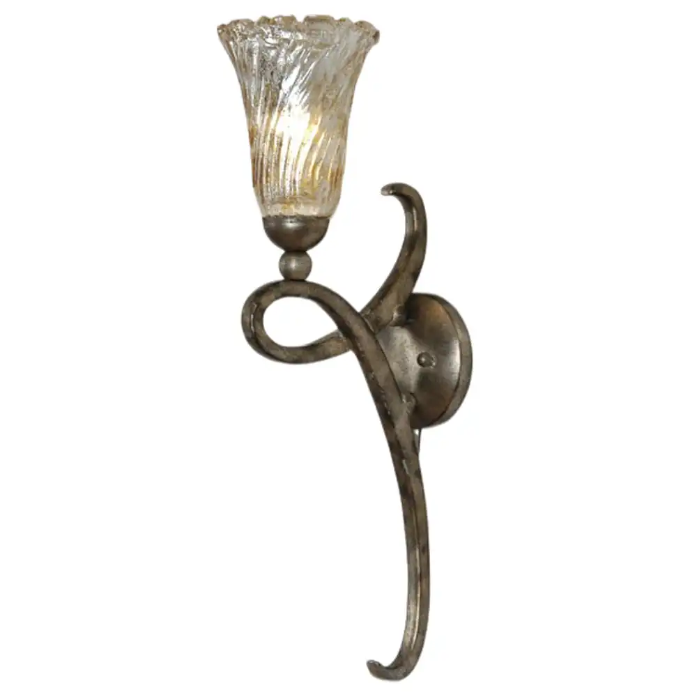 Forged Scroll Pewter 1-Light Wall Sconce with Ribbed Mercury Glass Forged Scroll Pewter 1-Light Wall Sconce with Ribbed Mercury Glass
