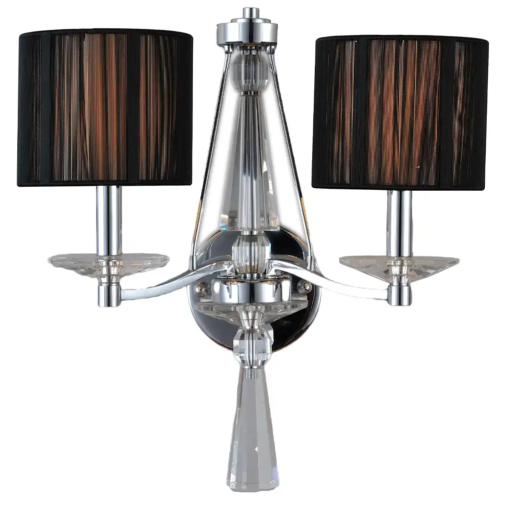Glamorous Chrome & Crystal 2-Light Wall Sconce with Black Pleated Shades Glamorous Chrome & Crystal 2-Light Wall Sconce with Black Pleated Shades
