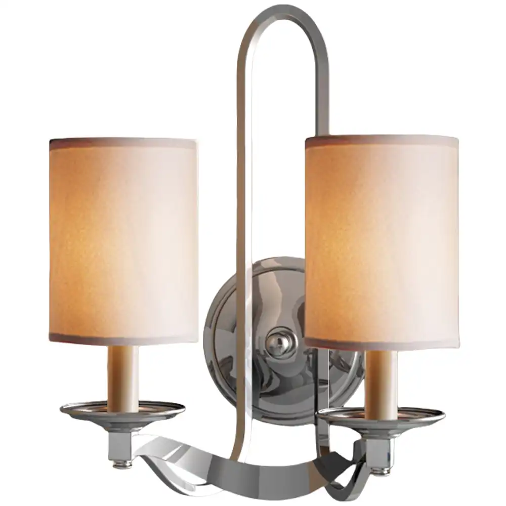 Glamour Arch Polished Nickel 2-Light Wall Sconce with White Linen Shades 1 Glamour Arch Polished Nickel 2-Light Wall Sconce with White Linen Shades 1