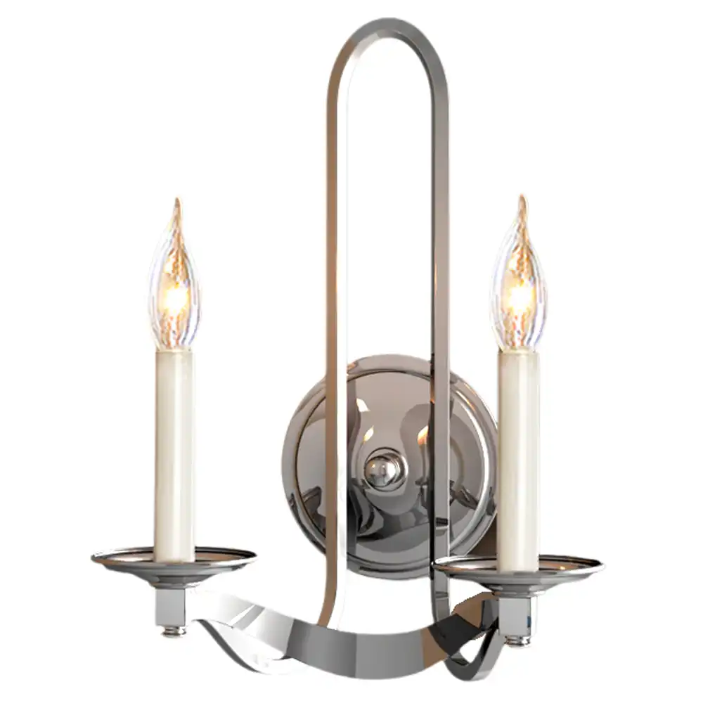 Glamour Arch Polished Nickel 2-Light Wall Sconce with White Linen Shades 2 Glamour Arch Polished Nickel 2-Light Wall Sconce with White Linen Shades 2