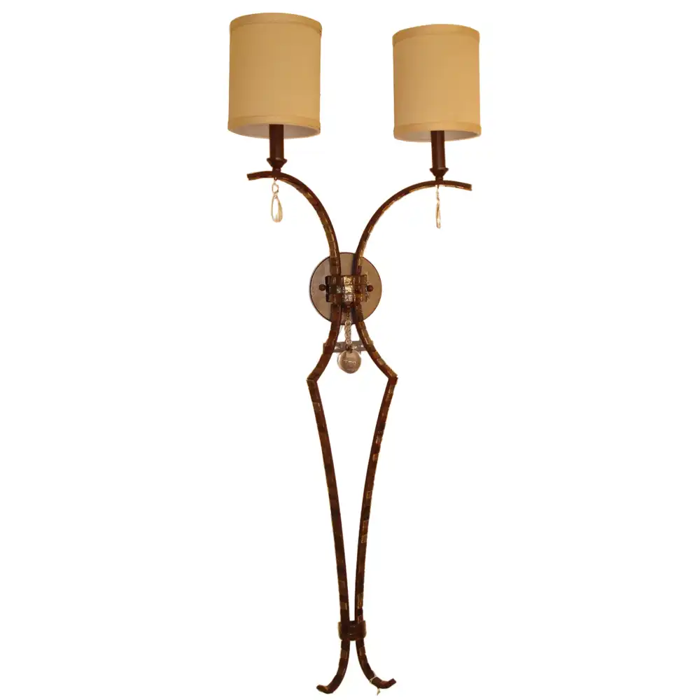 Rustic Glam Wrought Iron 2-Light Wall Sconce with Crystal Drops & Linen Shades Rustic Glam Wrought Iron 2-Light Wall Sconce with Crystal Drops & Linen Shades