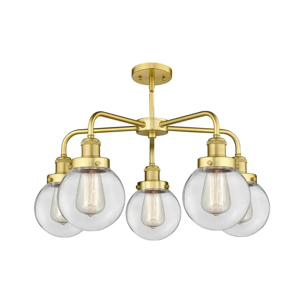 Solvair Pendant 5-Light – Custom Natural Brass Fixture with Clear Glass Globes for OEM Solvair Pendant 5-Light – Custom Natural Brass Fixture with Clear Glass Globes for OEM