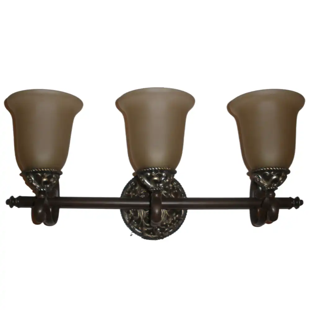 Victorian Scrollwork Bronze 3-Light Vanity Sconce with Frosted Amber Bell Shades Victorian Scrollwork Bronze 3-Light Vanity Sconce with Frosted Amber Bell Shades
