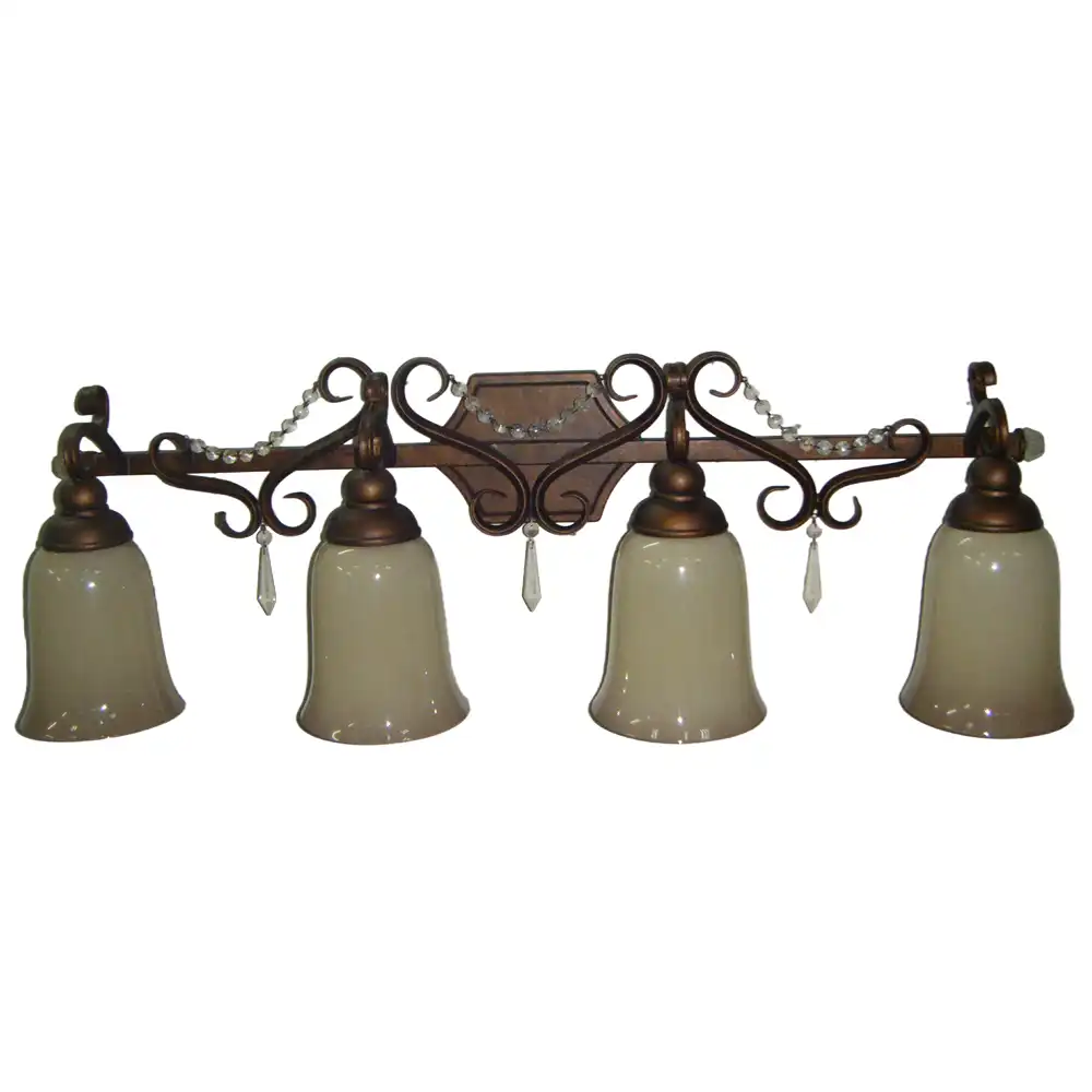Victorian Scrollwork Bronze 4-Light Vanity Sconce with Alabaster Glass Shades and Crystal Drops Victorian Scrollwork Bronze 4-Light Vanity Sconce with Alabaster Glass Shades and Crystal Drops