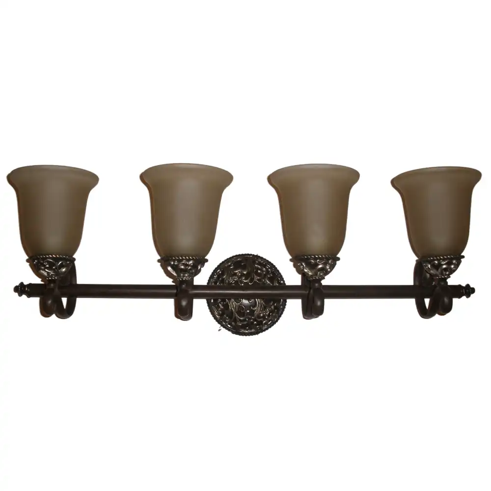 Victorian Scrollwork Bronze 4-Light Vanity Sconce with Frosted Amber Bell Shades Victorian Scrollwork Bronze 4-Light Vanity Sconce with Frosted Amber Bell Shades