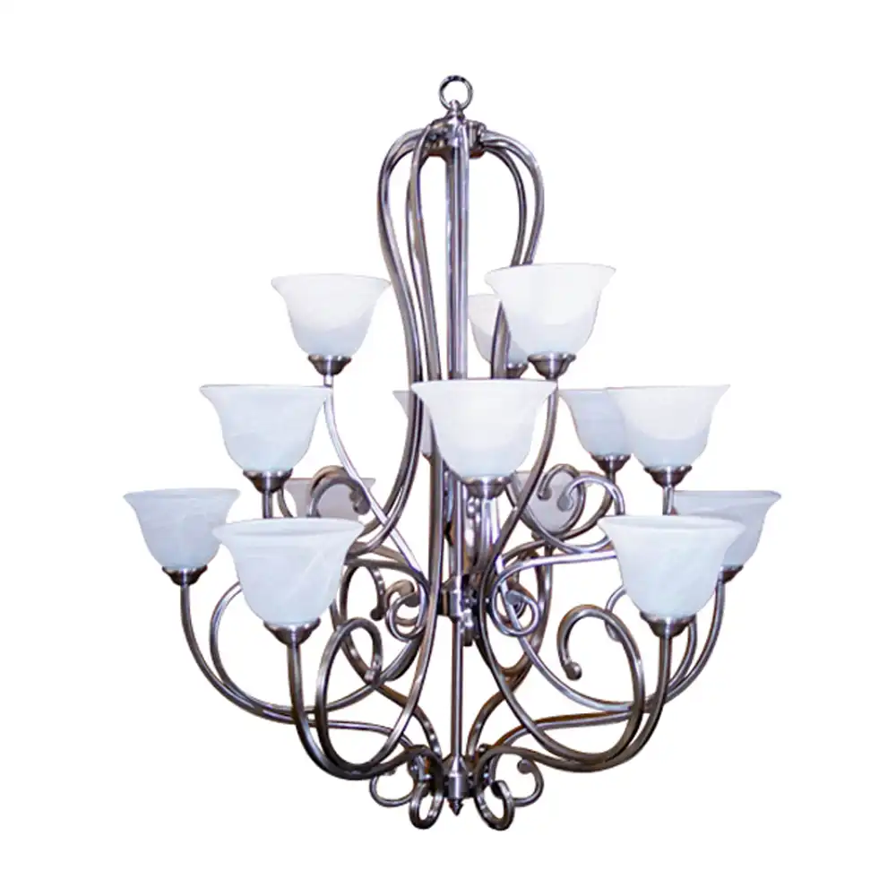 Lunaris 3-Tier 15-Light Chandelier in Satin Silver Nickel with Frosted Glass Shades Lunaris 3-Tier 15-Light Chandelier in Satin Silver Nickel with Frosted Glass Shades