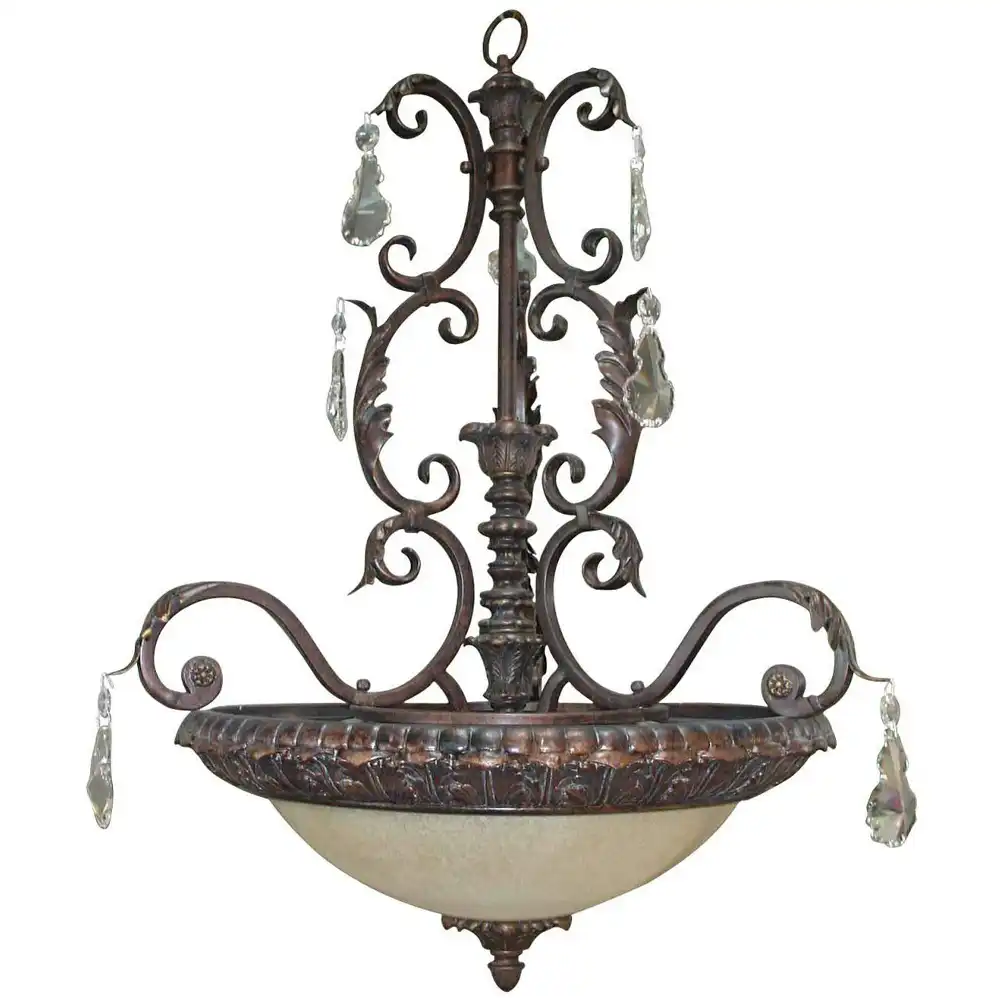 Antique Bronze 3-Light Pendant with Amber Cloudy Glass, Metal Leaf Detailing & K9 Crystal Accents 1 Antique Bronze 3-Light Pendant with Amber Cloudy Glass, Metal Leaf Detailing & K9 Crystal Accents 1