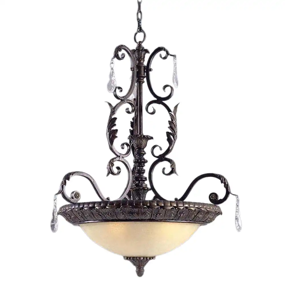 Antique Bronze 3-Light Pendant with Amber Cloudy Glass, Metal Leaf Detailing & K9 Crystal Accents 2 Antique Bronze 3-Light Pendant with Amber Cloudy Glass, Metal Leaf Detailing & K9 Crystal Accents 2