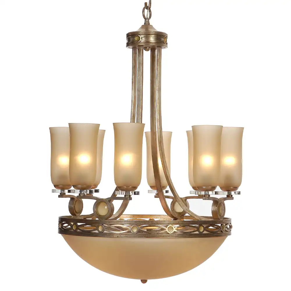 Champagne Bronze 12-Light Chandelier with Amber Frosted Glass & Crystal Accents 1 Champagne Bronze 12-Light Chandelier with Amber Frosted Glass & Crystal Accents 1