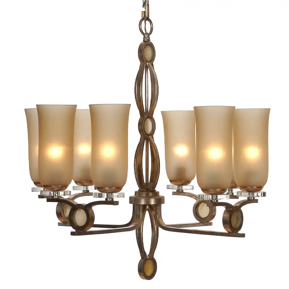 Champagne Bronze 8-Light Chandelier with Amber Frosted Glass & Crystal Accents 1 Champagne Bronze 8-Light Chandelier with Amber Frosted Glass & Crystal Accents 1