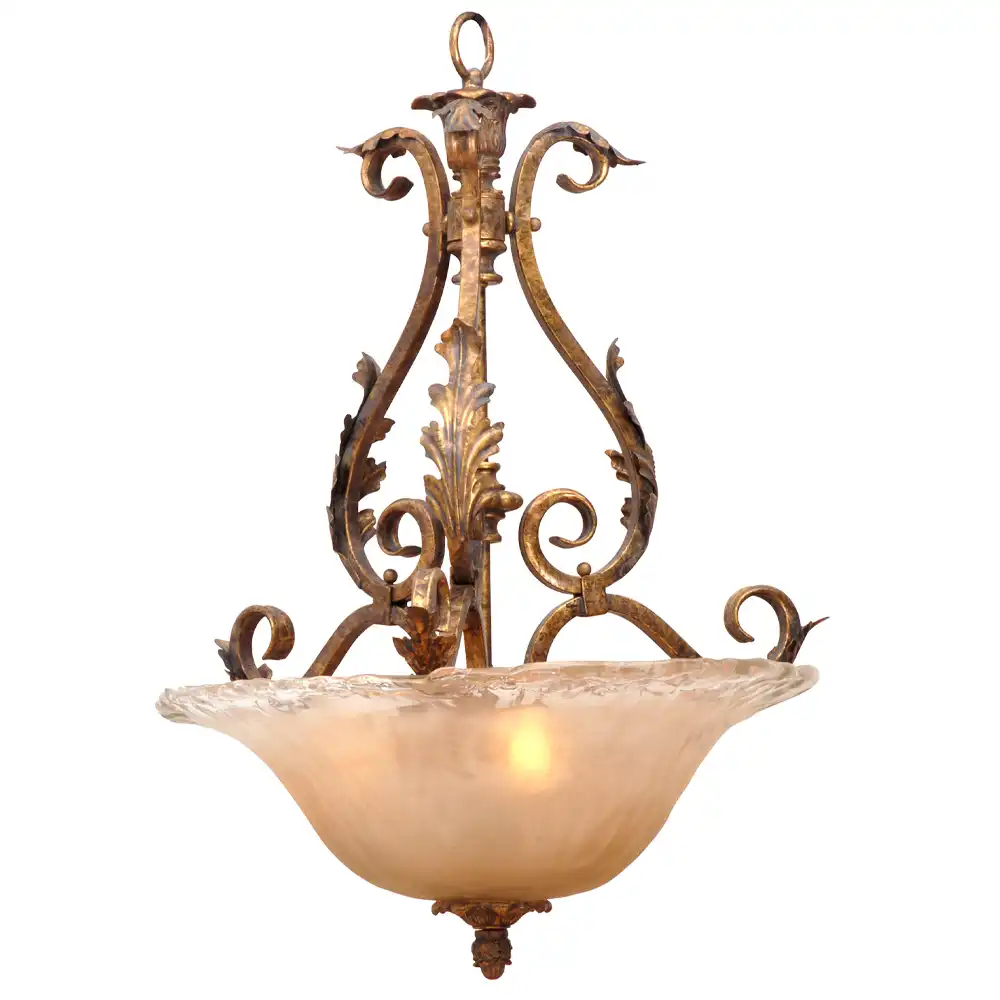 Moroccan Leaf 3-Light Brass Pendant with Amber Antique Mist Glass Shade 1 Moroccan Leaf 3-Light Brass Pendant with Amber Antique Mist Glass Shade 1