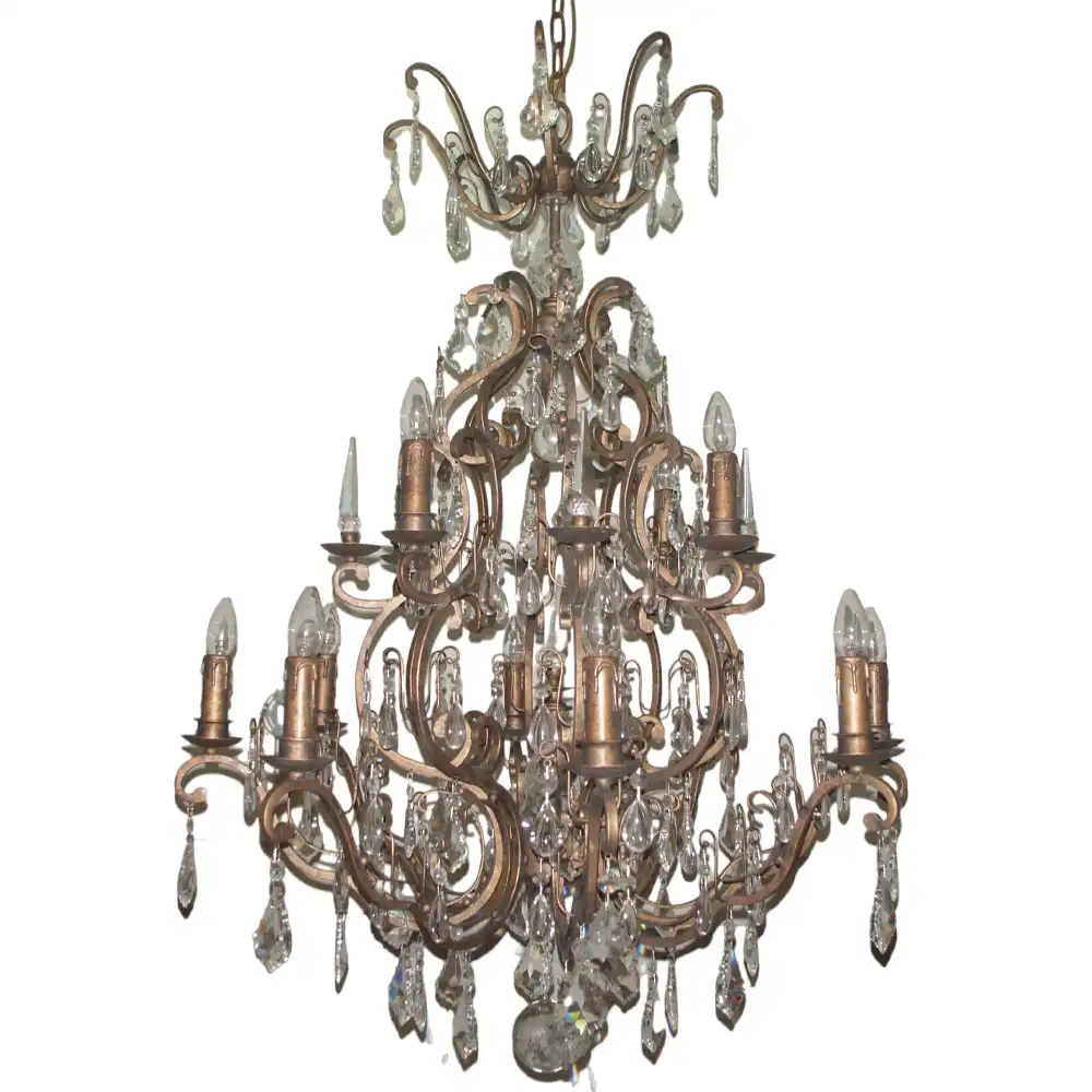 2-Tier 12-Light Chandelier in Vintage Burnished Gold with Crystal Adornments (Customizable Handcrafted Metal Pendant Light) 2-Tier 12-Light Chandelier in Vintage Burnished Gold with Crystal Adornments (Customizable Handcrafted Metal Pendant Light)