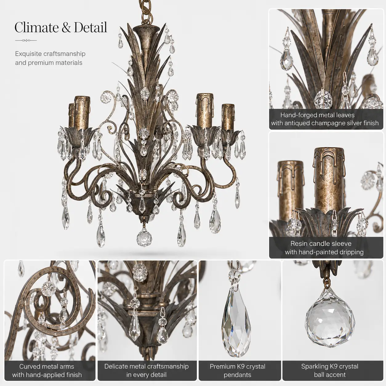 5-Light-Hand-Forged-Iron-Chandelier-with-Antiqued-Champagne-Silver-Finish-and-Crystal-Accents-2 5-Light-Hand-Forged-Iron-Chandelier-with-Antiqued-Champagne-Silver-Finish-and-Crystal-Accents-2