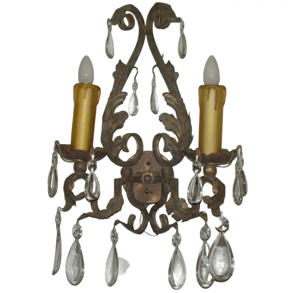 Baroque Iron & Crystal Draped 2-Light Candle Wall Sconce Baroque Iron & Crystal Draped 2-Light Candle Wall Sconce