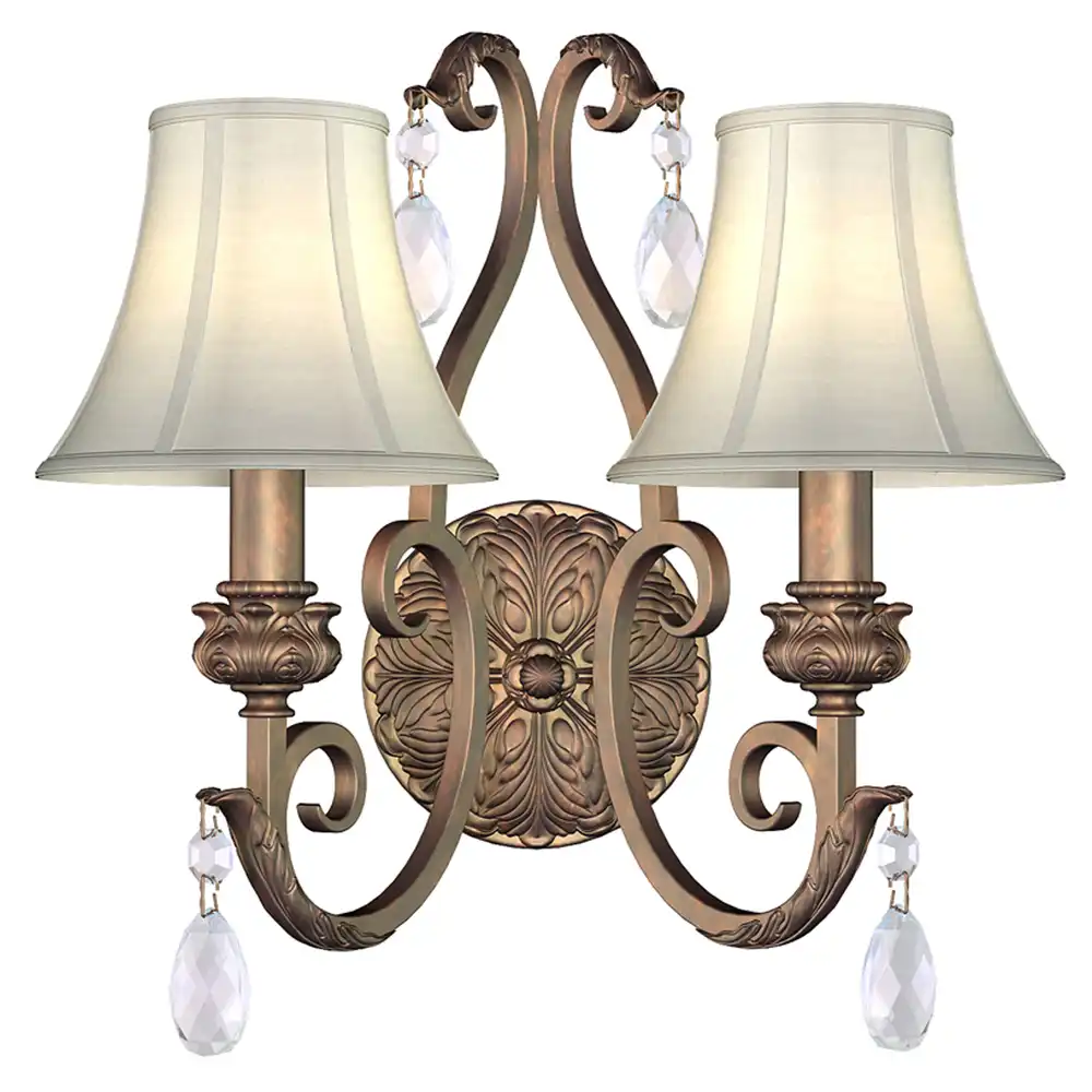 Grand Fleur-de-Lis Bronze & Clear Crystal 2-Light Wall Sconce with Fabric Shades Grand Fleur-de-Lis Bronze & Clear Crystal 2-Light Wall Sconce with Fabric Shades