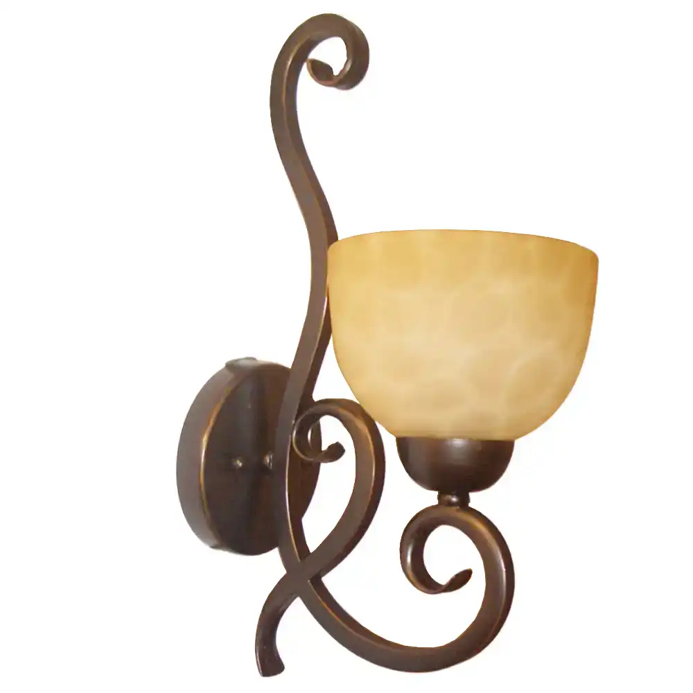 Opulent Bronze Scroll & Golden Alabaster Glass 1-Light Sconce Opulent Bronze Scroll & Golden Alabaster Glass 1-Light Sconce