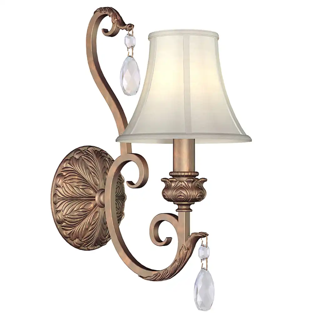 Regal Antiqued Brass & Clear Crystal 1-Light Wall Sconce with Fabric Shade Regal Antiqued Brass & Clear Crystal 1-Light Wall Sconce with Fabric Shade