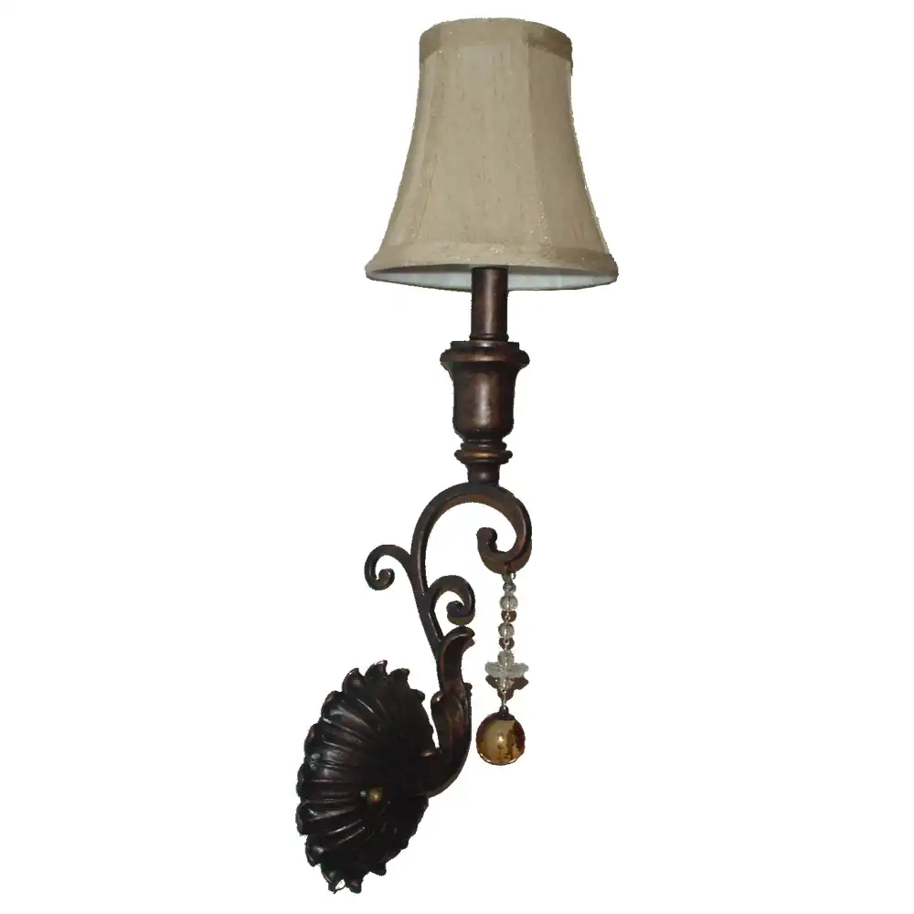 Regal Leaf Scroll & Crystal Bronze 1-Light Wall Sconce with Fabric Shade Regal Leaf Scroll & Crystal Bronze 1-Light Wall Sconce with Fabric Shade