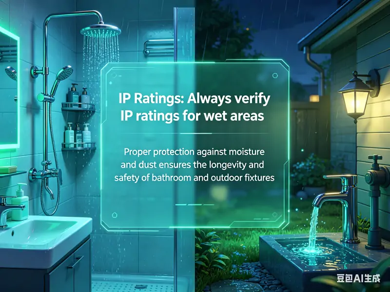 IP Ratings_Always verify IP ratings for wet areas. Proper protection against moisture and dust ensures the longevity and safety of bathroom and outdoor fixtures