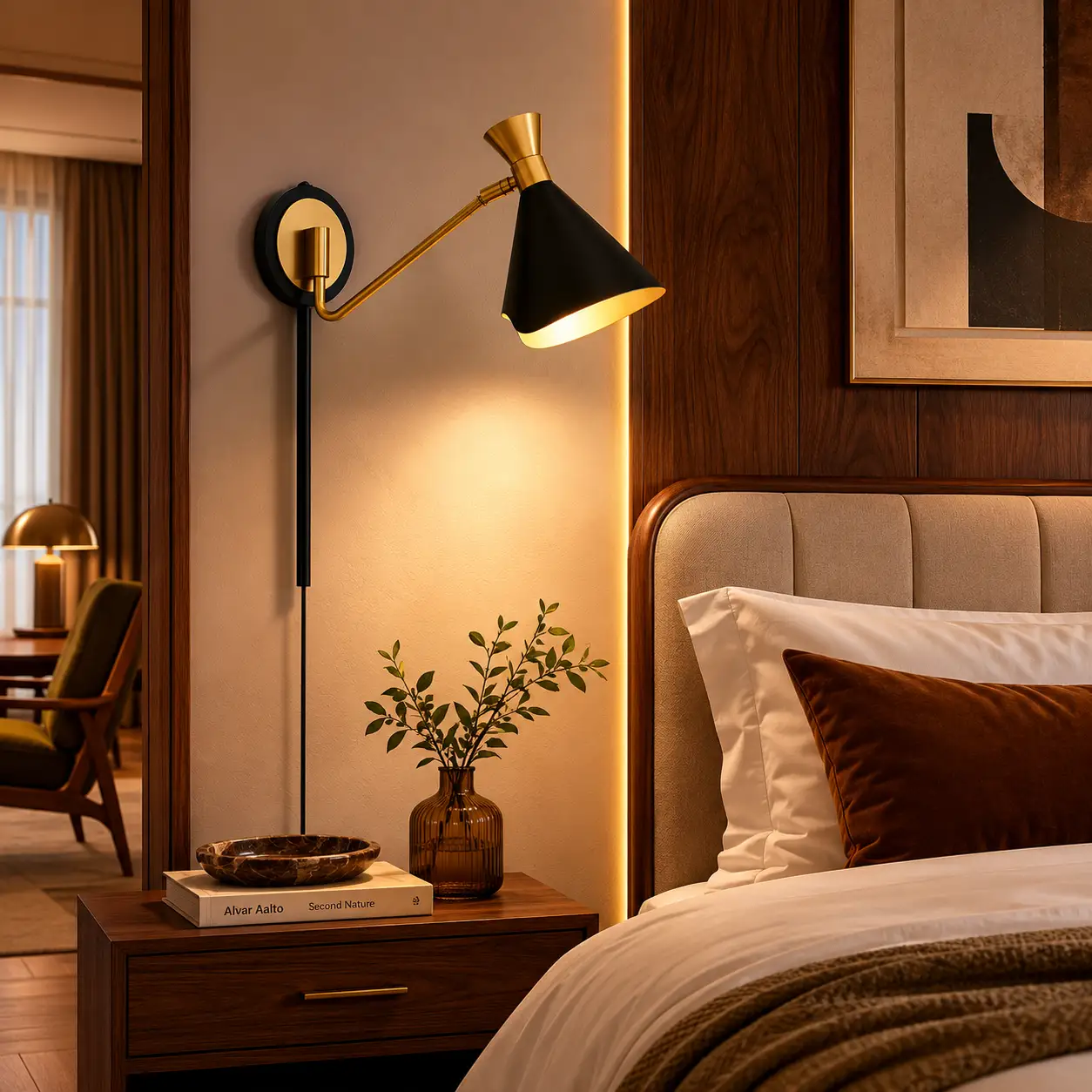 The Arden Articulated Sconce Staged in a Mid-Century Modern Luxury Hotel Guestroom