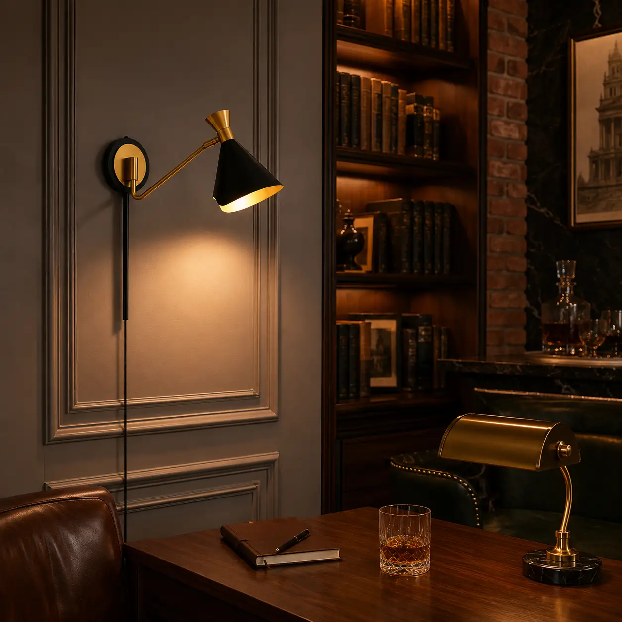 The Arden Articulated Sconce highlighting an Upscale Dining Booth Configuration