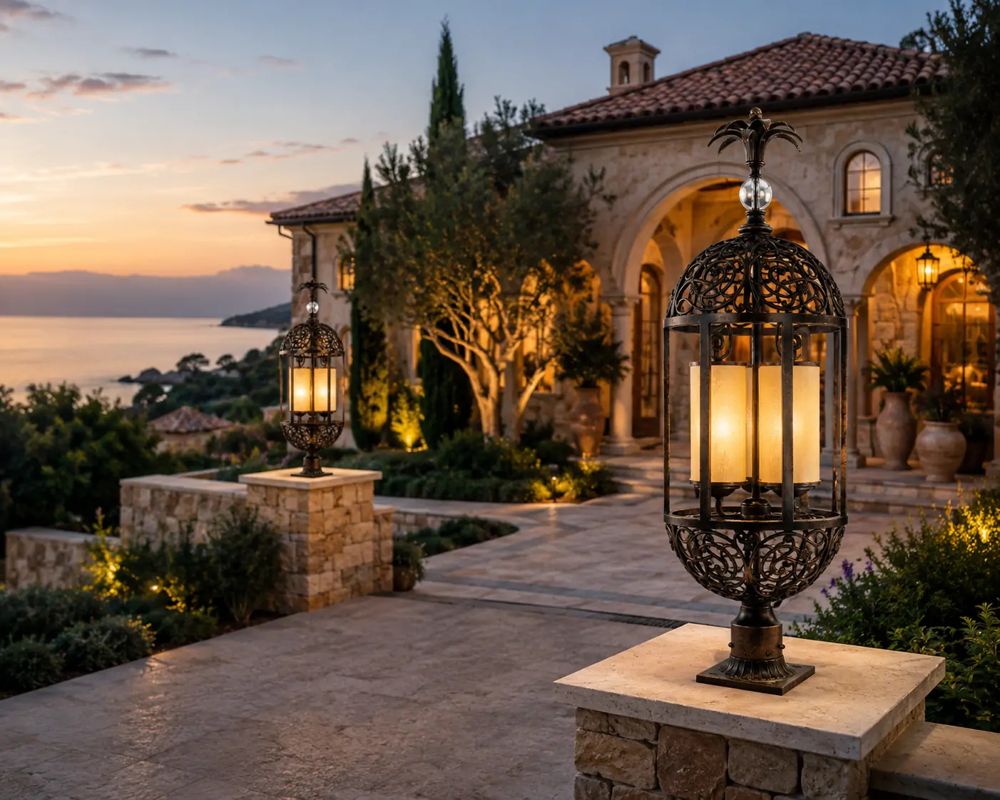The Baroque Garden Post Lantern Staged on Travertine Pedestals Lining a Mediterranean Villa Walkway