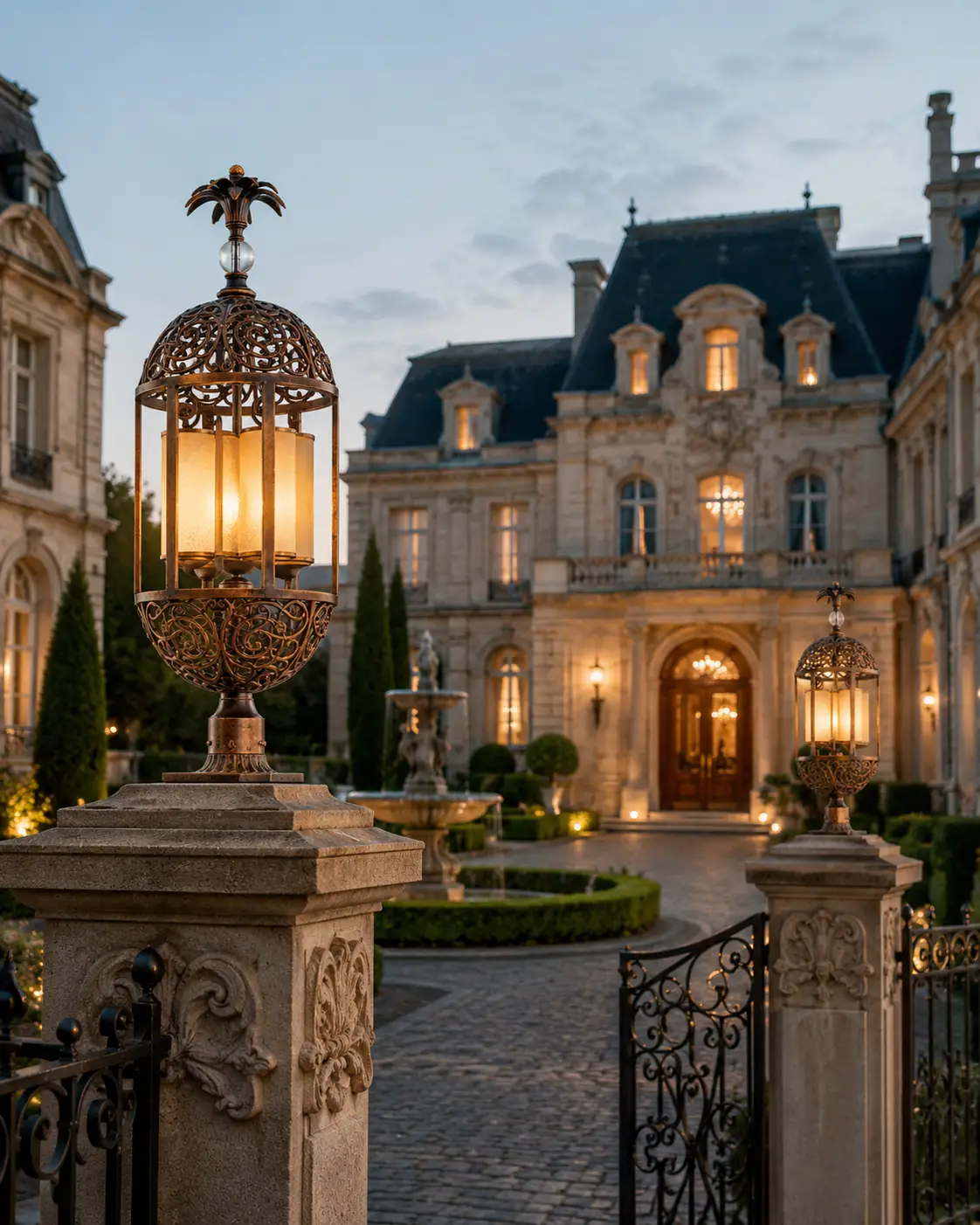 The Baroque Garden Post Lantern Installed on Ornate Stone Piers in a Classical European Courtyard