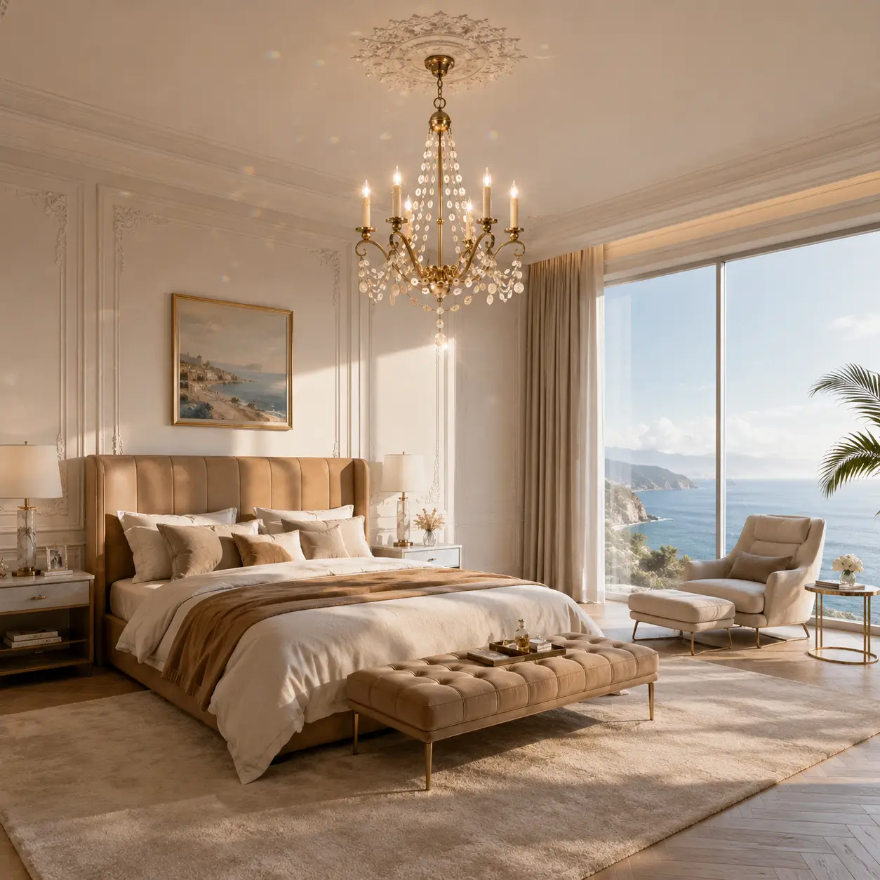 Satin Soft Gold Customization of Mother of Pearl Chandelier in Coastal Luxury Bedroom