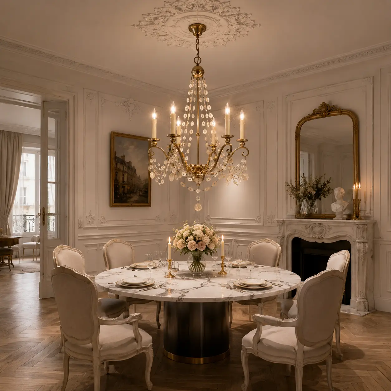 The Champagne Gold 6-Light Chandelier in Parisian Elegance Dining Salon